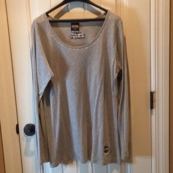 HARLEY DAVIDSON  2X Long Sleeves Top / Tunic  Lt Grey metallic studs Neck&Logo - Picture 1 of 7